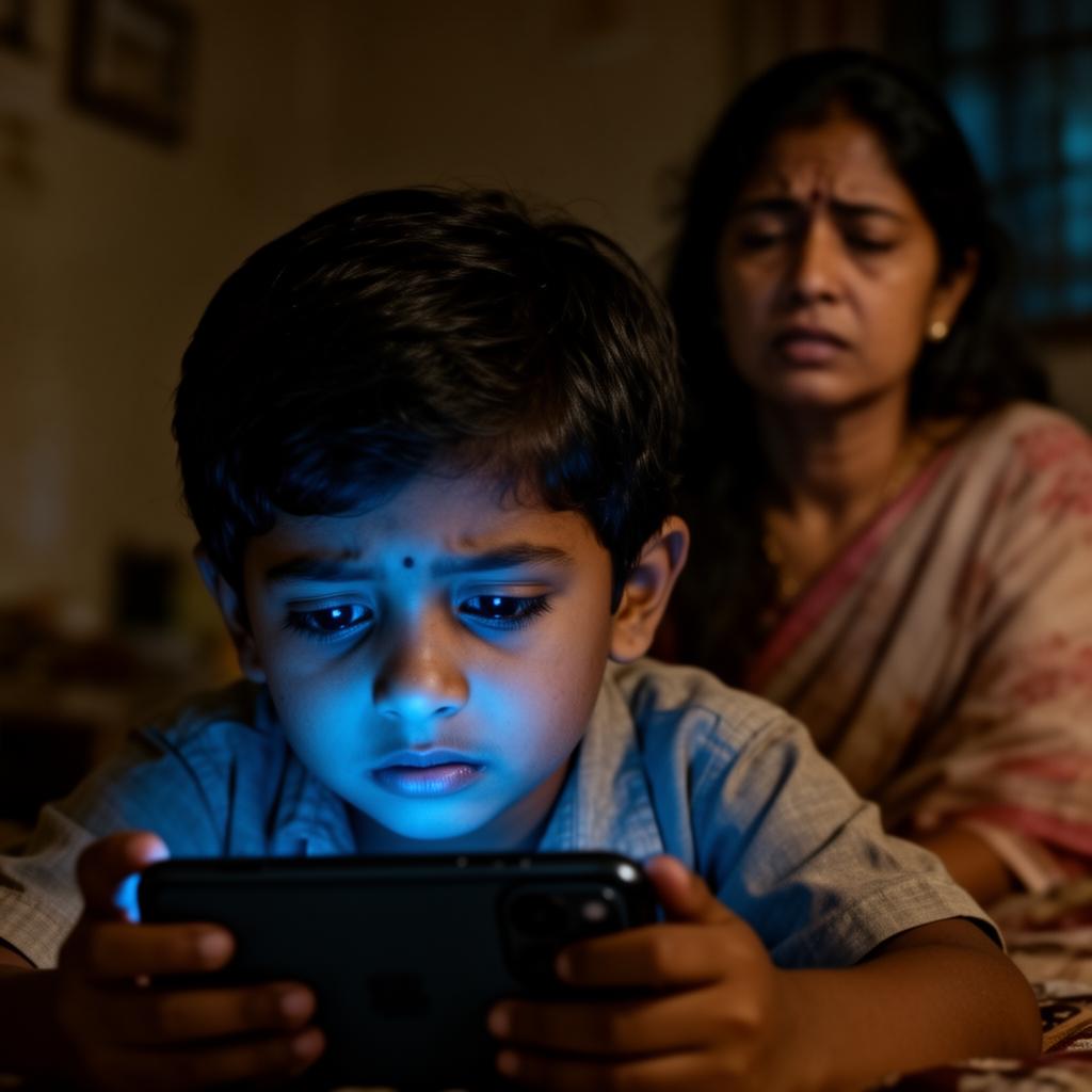 Stressed child glued to a phone